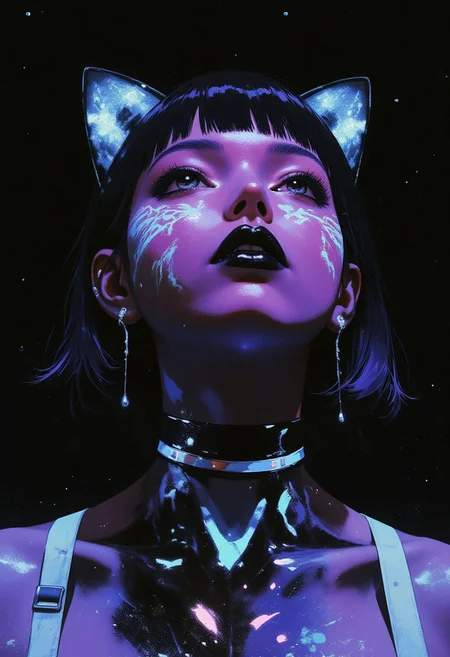 This high-resolution photograph features a person with strikingly dramatic makeup, focusing on their face and upper torso. The subject’s skin is painted in a deep neon purple hue, giving them a futuristic, alien-like appearance. Intricate, glowing neon blue patterns resembling tribal markings or bioluminescent designs adorn their face, adding a sci-fi element. The eyes are heavily lined with black eyeshadow and black eyeliner, creating a dramatic, cat-like effect. The lips are painted deep glossy black, contrasting sharply with the blue skin. The person’s hair is cut into a blunt straight bob, with a fringe that covers their forehead, adding to the futuristic aesthetic. The black background makes the subject stand out even more. The makeup has a smooth, glossy texture, with a slight sheen, emphasizing the metallic quality of the blue paint. The overall style is avant-garde and otherworldly, reminiscent of sci-fi or fantasy themes, with the photograph likely being digitally manipulated to achieve the vivid, high-contrast color palette and detailed makeup.