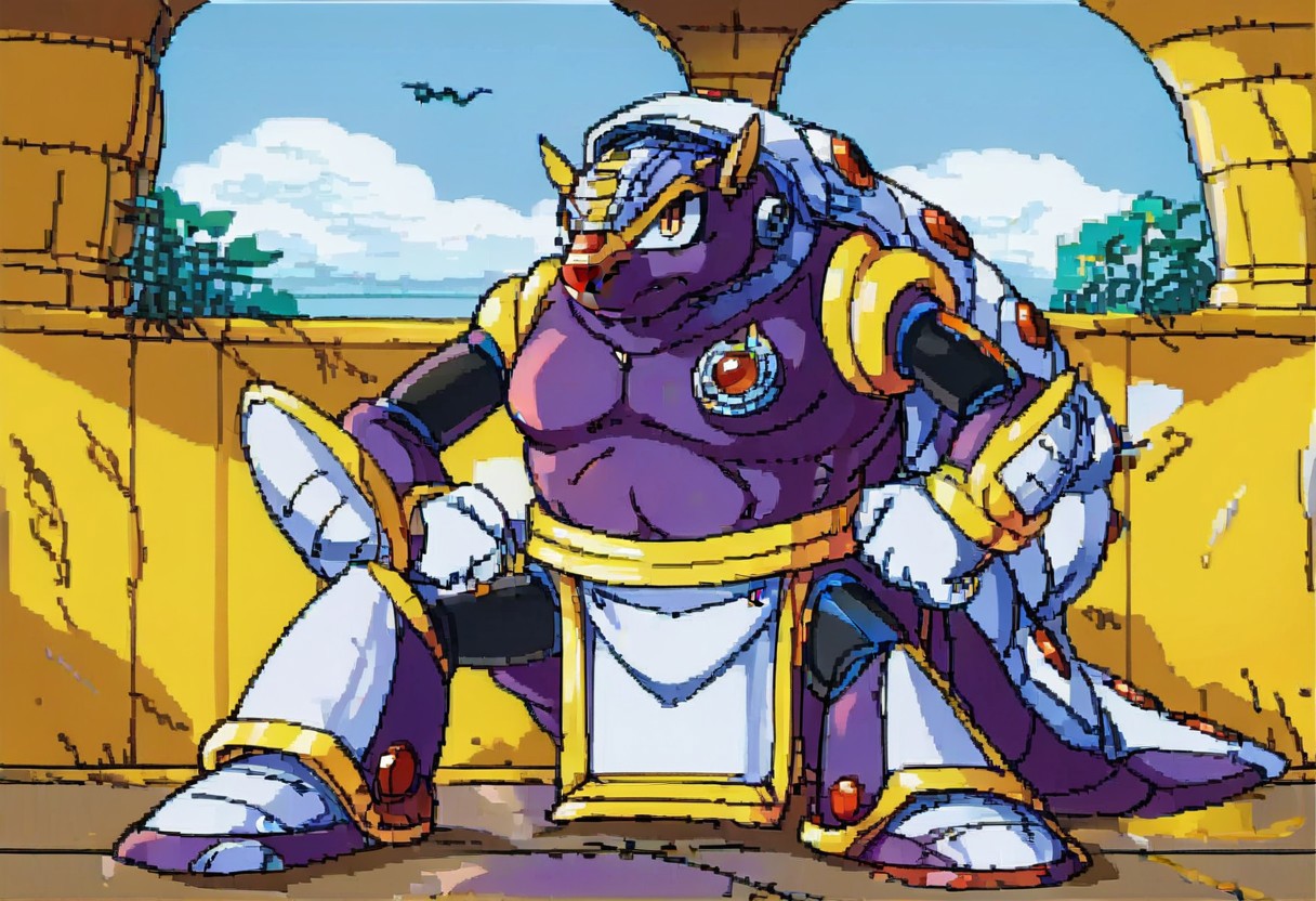 score_9, score_8_up, score_7_up, score_6_up, score_5_up, source_furry, maverick, armored armadillo, mmx, purple + gold armor, armadillo, metallic, robot animal, shell, red nose, armadillo ears, genderswap, 1girl, female, adult, breast, solo, looking at viewer, unamused, glare, hands on hip, annoyed look, mad