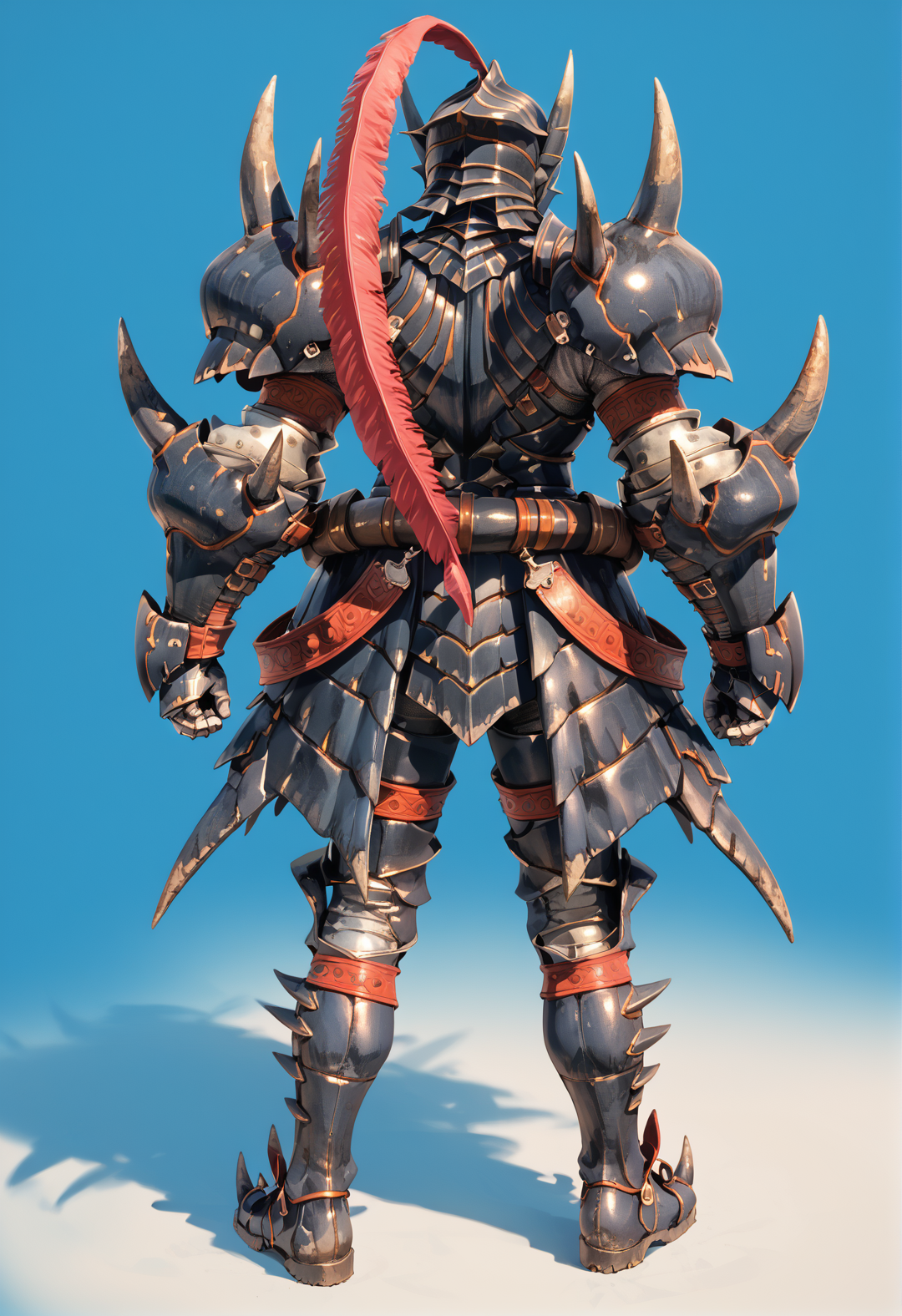 (score_9:0.9),score_8_up,score_7_up,rating_safe,anime style,(zPDXL),<lora:Akantor armor - male ponyXL v1:0.8>,akantor armor, solo, full armor, standing, blue background, black helmet, 1boy, red feather, black armor boots, black armor skirt, black gauntlets, black shoulder armor, from behind, facing away, full body, covered face
