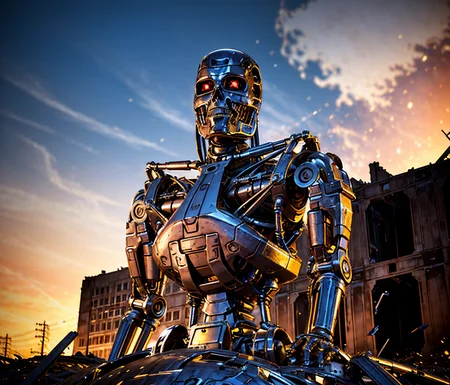 apocalypse buildings in ruins destroyed, explosions in the background, night sky, full body shot (Realisitc:1.5) man terminator grabbing human woman, <lora:EdobTerminator_v1.0:0.8>