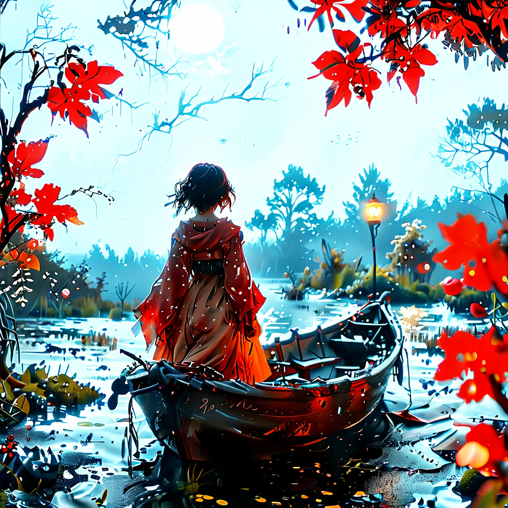 linquivera, Ink illustration, (anime:0.5), brown tones, aged black red paper, inkpunk, moonlight,surreal, a ghost standing on a boat in swampy wetlands, (at a distance), Will-o'-the-wisp, moonlit, lonely, solitude, windy, tall trees, willows, willowy, OverallDetail, extremely detailed, UHD,(long exposure , dystopian but extremely beautiful:1.4),   letitflrsh, ,  bosstyle   read description <lora:- SDXL - letitflrsh_let_it_flourish_V1.0:0.8>,<lora:Cute_Collectible:1>,<lora:XL_Boss_Battle_-_By_HailoKnightV2:0.6>,<lora:add-detail-xl:1>,<lora:Concept Art Twilight Style SDXL_LoRA_Pony Diffusion V6 XL:1>,<lora:MJ52:1>