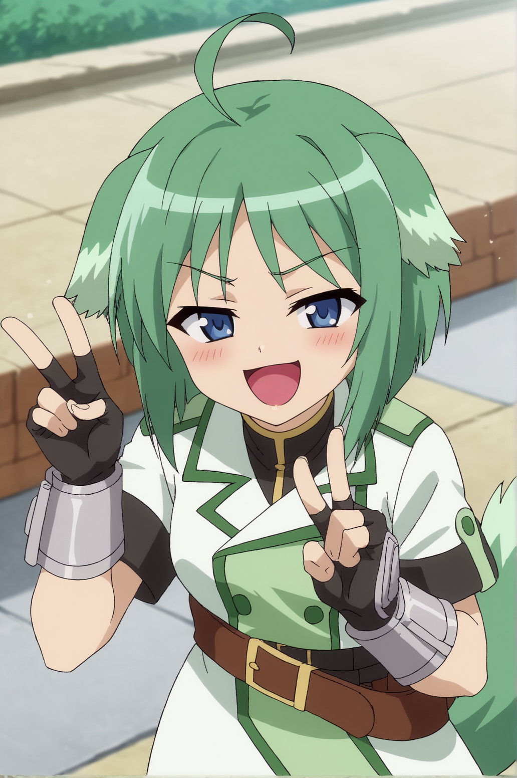 score_9, score_8_up, score_7_up,anime_source, source_anime, best background, detailed background, anime screencap,  Eclair, fingerless gloves, dynamic angle, dynamic camera, gloves, uniform, tail, smug, blush, happy, v fingers, victory fingers, outdoors, <lora:JN_Martinozzi_Eclair:0.8>