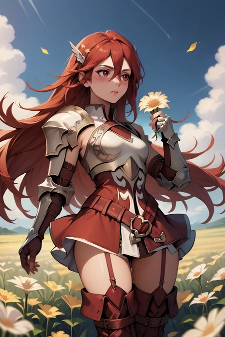 score_9, score_8_up, score_7_up, score_6_up, source_anime BREAK 1girl, solo, <lora:fecordelia-pdxl-nvwls-v1-000005:1> defCordelia, red hair, red eyes, wing hair ornament, red dress, short dress, armored dress, belt, gauntlets, garter straps, thigh boots, holding flower, field, blue sky, blush, wide shot, wind, hand up