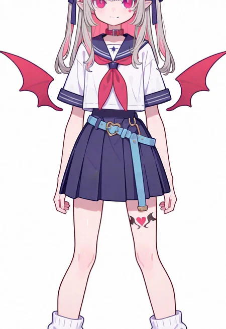 Flatline, Flat vector illustration, looking at viewer, full_body,
niji-ririmu,flat chest,red eyes,long eyelashes,grey hair,streaked hair,multicolored hair,pink inner hair,pointy ears,fang,heart tattoo,tattoo around thigh,long hair,two side up,black hair ribbon,saggy hair ribbon,red wings,demon wings,
niji-ririmucos1,serafuku,white shirt,short sleeves shirt,red neckerchief,midriff,blue belt,loose belt,blue skirt,miniskirt,pleats skirt,white socks,loose socks,red choker,red collar,
slim, slender, fair skin, clear skin, beauty skin, smooth skin, shiny skin, beautiful legs, long legs,
from front, front view, straight-on, look at viewer, standing, (legs apart:1.4),
white background,