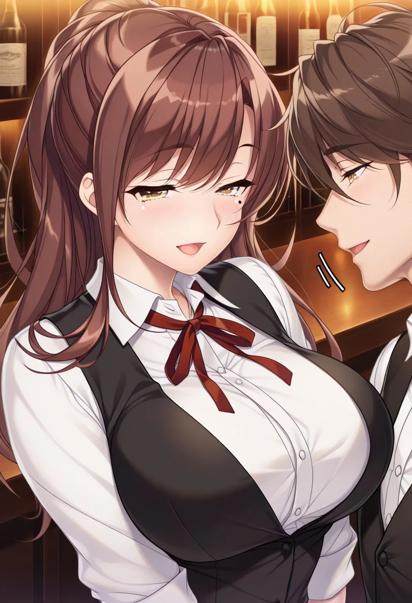 masterpiece, best quality, newest, highres, uncensored, 1girl, yokota mamoru style,1girl, slender face,motion lines,torogao,looking at the viewer,seductive smile,blush
Tachibana Iori,Brown Hair, Ponytail, Sidehair, Straight Hair, Waist Length Hair,Long Hair,Amber Eyes,Big Breasts, Mole, Slim
1girl, neck ribbon, shirt, brown hair, shiny hair, white shirt, long hair, ribbon, red ribbon, shiny, 1boy, wing collar, black vest, collared shirt, dress shirt, vest, open mouth, bangs, brown eyes, long sleeves, indoors, smile, yellow eyes, blush, looking at another, upper body, :d, eye contact, bartender, hair between eyes
