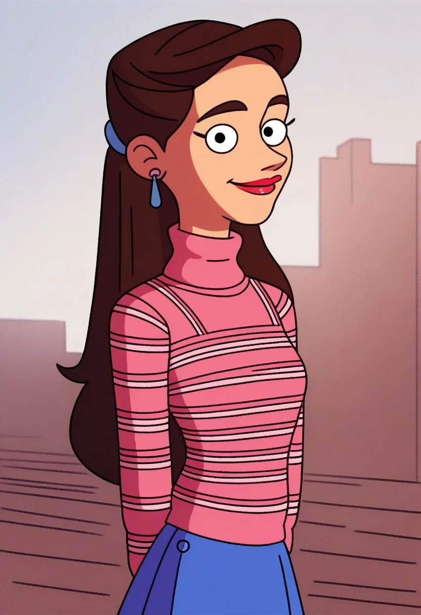 standing cleavage, looking at viewer, smile, upper body, outdoors, score_9, score_8_up, score_7_up, score_6_up, high quality, Shannon_ad, 1girl, solo, brown hair, earrings, long hair, lipstick, small breasts, pink sweater, striped shirt, long sleeves, blue skirt, pink footwear