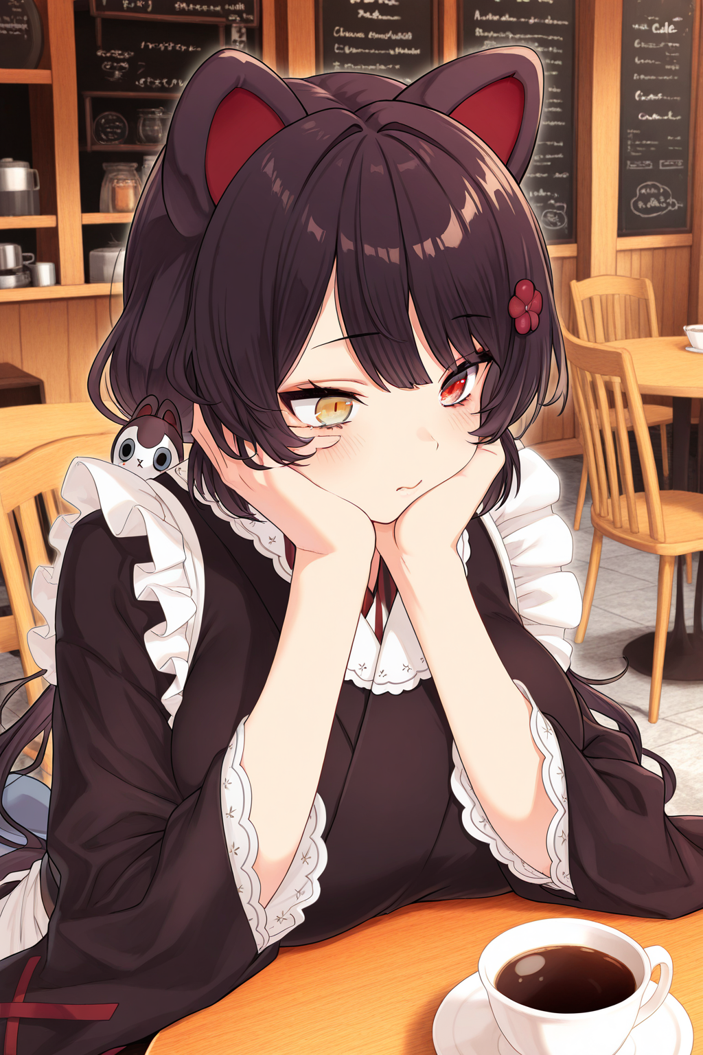 1girl, InuiTokoNijisanji, 
general, solo, upper body,
black hair, low twintails, hair ornament, hair flower,
face in hands,
black kimono, maid apron,
large breasts, 
cafe, table, chair,
<lora:kp_InuiTokoNijisanjiIllustrious_v1_0:1.0>,
masterpiece, best quality, amazing quality