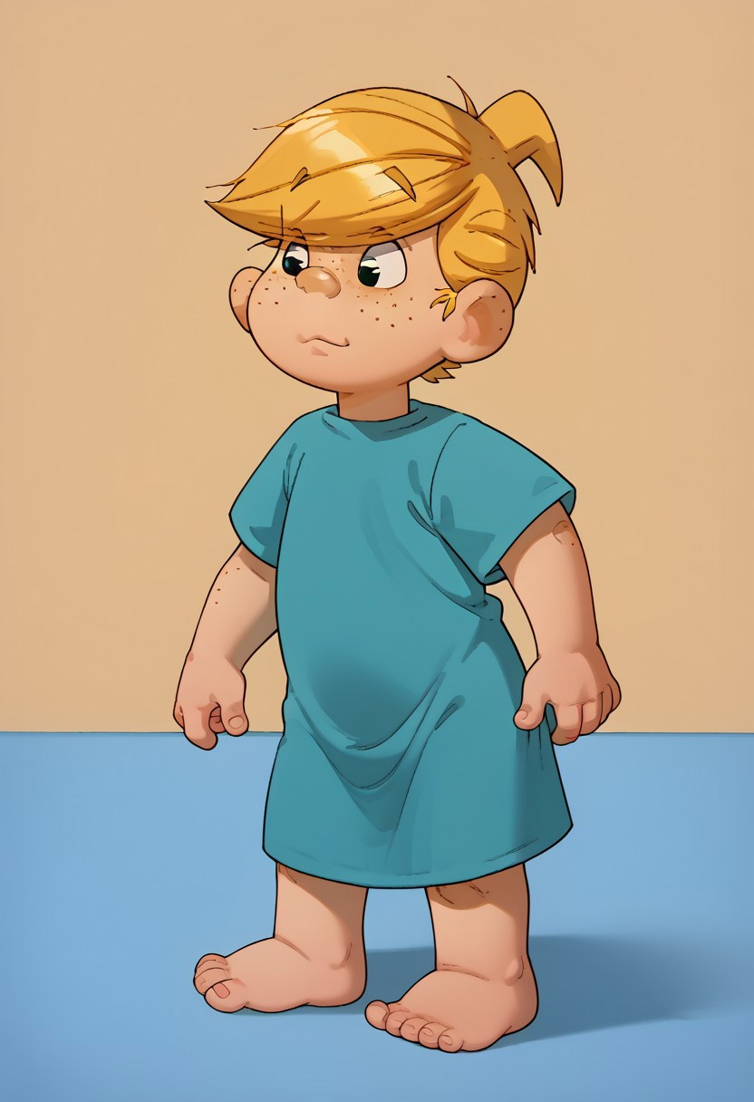 WangV2Style,
score_9, score_8_up, score_7_up, DennisMitchell, 1boy, solo, blond hair, freckles, teal hospital gown, barefoot
