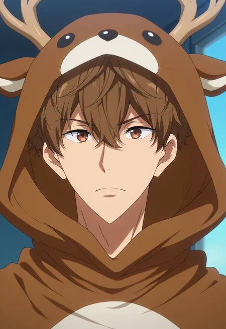masterpiece, best quality, intricate details, anime screencap, , , , 1boy, solo, male focus, <lora:natsuya_kirishima_ilxl:0.98>, natsuya_kirishima, brown hair, brown eyes, short hair, hair between eyes, bangs, , deer costume