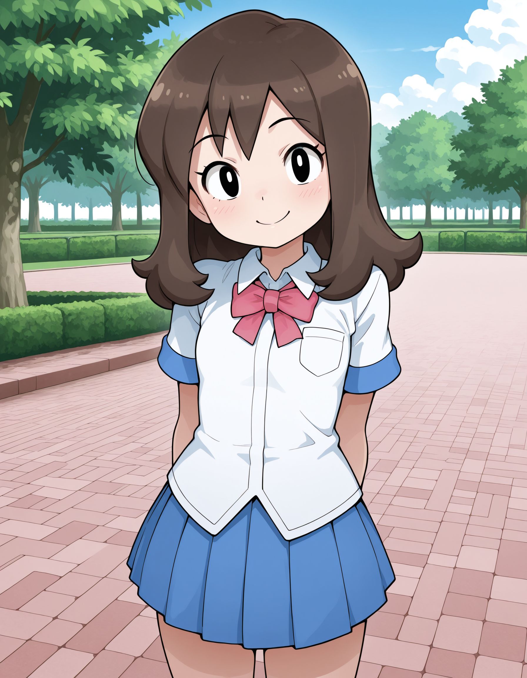 1girl,<lora:lass pokemonRGBY_illustriousXL:0.8>,lass rgby,brown hair,black eyes,bowtie,white shirt,blue skirt,cowboy shot,smile,standing,park,looking at viewer,masterpiece,best quality,amazing quality,