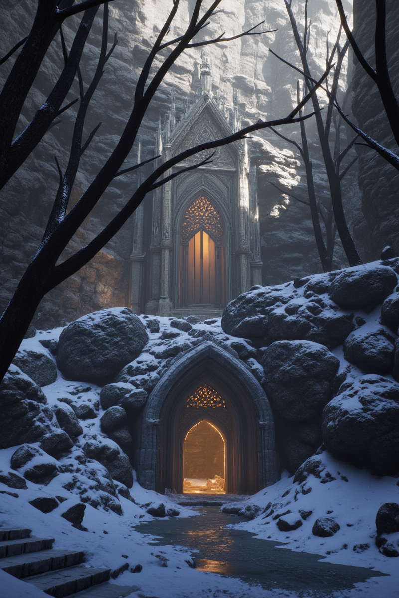 3DGame,The image presents a serene winter scene set within a rocky gorge. At the center stands an ornate,gothic-style archway carved into the rock face,leading to a hidden chamber that emits a warm,inviting glow. The archway is intricately detailed,with pointed arches and what appears to be a wooden door at its core. Snow blankets the ground and the rugged rocks,accentuating the cold,wintry atmosphere.,
A small stream flows through the gorge,partially frozen,with ice forming along its edges. Bare tree branches reach out over the water,adding a touch of stark beauty to the scene. Stone steps lead up to the archway,suggesting a path for visitors to follow. The lighting is soft and diffused,with the sunlight filtering through the branches and illuminating the snow,creating a tranquil and somewhat mystical ambiance. The overall impression is one of quiet solitude,as if the gorge and its secret chamber are waiting to reveal their stories to those who venture near.,