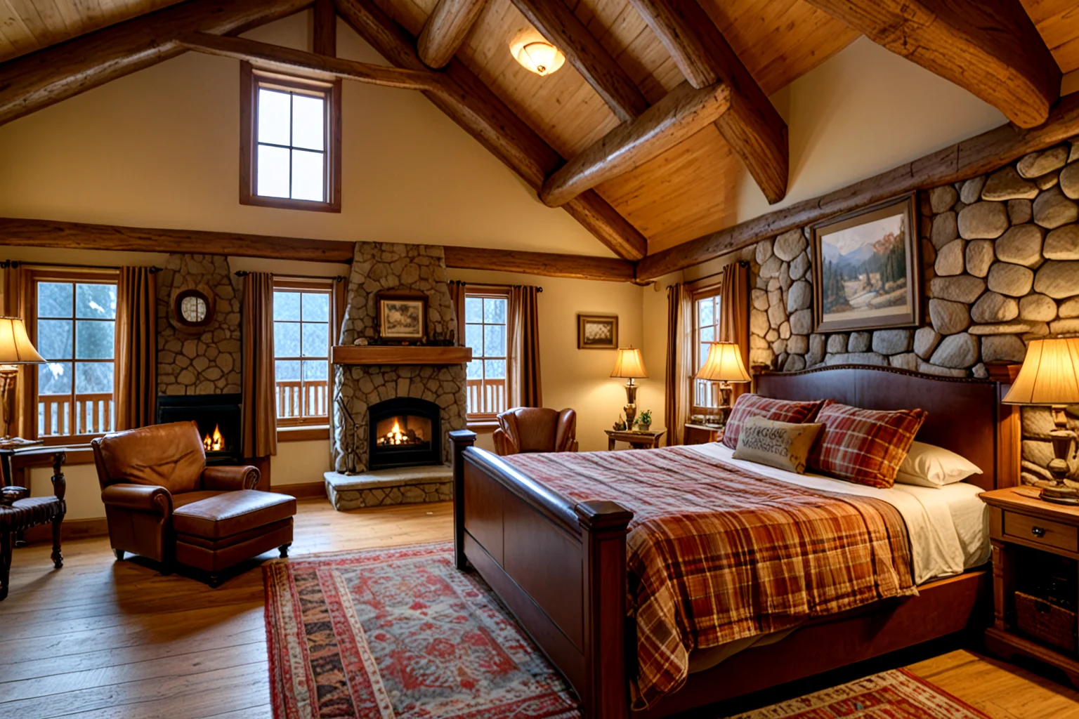 <lora:pytorch_lora_weights_361535:1>,(no humans:1.2),(no animals:1.2),A amateur street photography of a Mountain Lodge Bedroom, a cozy, rustic bedroom with a stone fireplace, a large wooden bed frame, and plaid bedding. The room features exposed wood beams, a large leather chair, and a warm, inviting atmosphere perfect for mountain retreats.,, Masterpiece,best quality,realistic,HDR, 8K, masterpiece, best_quality, absurdres, ultra-detailed, highly_aesthetic, depth_of_field