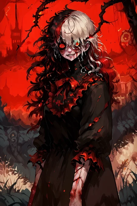 score_9, score_8_up, score_7_up, score_6_up, score_5_up, source anime, ((dark skin)), looking at viewer, realistic background,  night, outdoors, cliffs, mountains, standing,  (cowboy shot), evil smile, (solo), multicolored hair, red hair, white hair, messy hair, wild hair, long hair, hair over eyes, red eye,   bloodstained hair, scar, burn scars, burned face, bloodstained dress, injured, wounded, bloody, (horror), zombie, corpses, grimdark,  <lora:f3nn3rXLP:0.9> , f3nn3r, red, black, (trippy),  <lora:h3ll1shXLP:0.9> , h3ll1sh, small breasts,  <lora:LFashionPDXL:0.8> , zzLFashion, black frilled dress, frills, bow, black dress, pantyhose,  <lora:cr33pXLP:1> , cr33p,  <lora:d3p1x3lXLP:1> , d3p1x3l, pixel art, scenery,