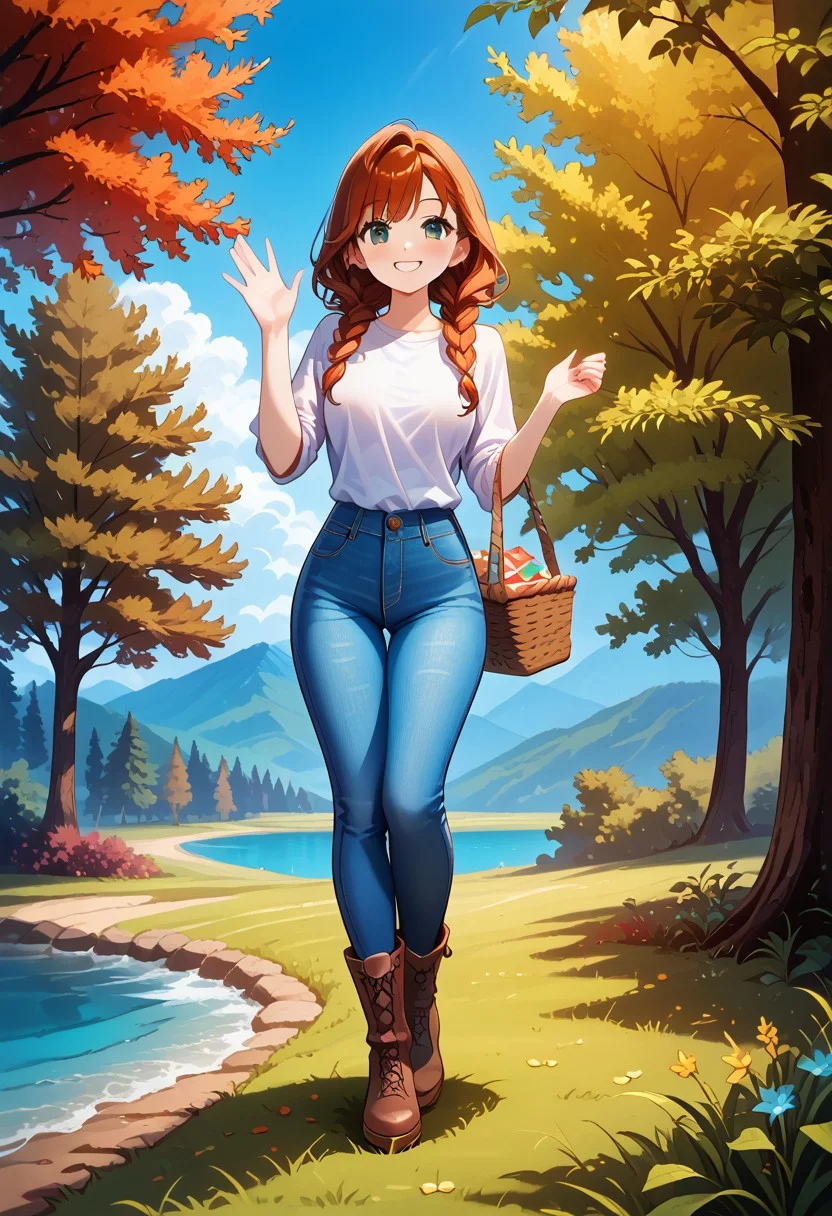 score_9, score_8_up, score_8, perfect, full body shot, extremely detailed face, curvy body, average height, front view, detailed perfect hands, 1girl
sexy 25 year old girl, auburn hair, reddish-brown hair, highlights, medium length hair, braided twintails, light blue-green eyes, smiling, medium teardrop breasts, perky breasts, white shirt, jeans, brown boots, attracted to viewer,
beautiful face, blushing, wavy hair, slender body, white skin, looking bashful, soft smile
semi realistic, anime, 3th3r34l,big smile, big cheesy smile, big goofy smile, front view, smaller chin, soft chin, oval face, hands up, super thick thighs, slim butt, wide shoulders, swimmer’s build, really wide shoulders, tiny butt
medium wavy auburn hair, auburn hair, , side view,calm expression, outdoors, forest, trees, grassy field, blue and purple sky, stylistic, standing up, front view,, picnic basket, waving, calm expression, illustration, vibrant colors, intricate details, 8k wallpaper, (Depth of field, cinematic angle, cinematic lighting:1.2), (masterpiece:1.2), (best quality:1.2), (very aesthetic:1.2), (absurdres:1.2), newest, intricate, Expressiveh, Freebo_alloy