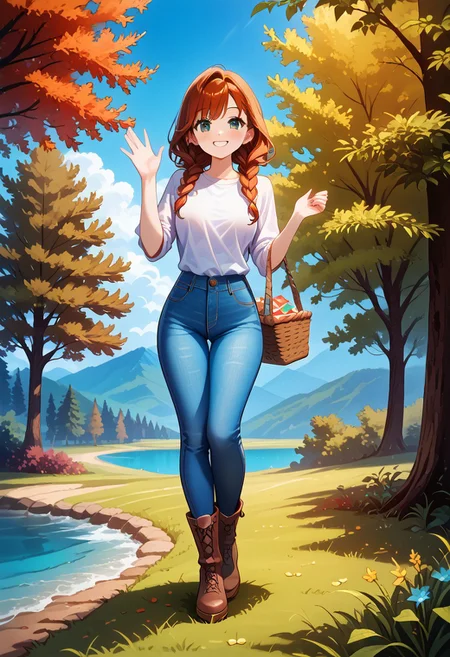 score_9, score_8_up, score_8, perfect, full body shot, extremely detailed face, curvy body, average height, front view, detailed perfect hands, 1girl
sexy 25 year old girl, auburn hair, reddish-brown hair, highlights, medium length hair, braided twintails, light blue-green eyes, smiling, medium teardrop breasts, perky breasts, white shirt, jeans, brown boots, attracted to viewer,
beautiful face, blushing, wavy hair, slender body, white skin, looking bashful, soft smile
semi realistic, anime, 3th3r34l,big smile, big cheesy smile, big goofy smile, front view, smaller chin, soft chin, oval face, hands up, super thick thighs, slim butt, wide shoulders, swimmer’s build, really wide shoulders, tiny butt
medium wavy auburn hair, auburn hair, , side view,calm expression, outdoors, forest, trees, grassy field, blue and purple sky, stylistic, standing up, front view,, picnic basket, waving, calm expression, illustration, vibrant colors, intricate details, 8k wallpaper, (Depth of field, cinematic angle, cinematic lighting:1.2), (masterpiece:1.2), (best quality:1.2), (very aesthetic:1.2), (absurdres:1.2), newest, intricate, Expressiveh, Freebo_alloy