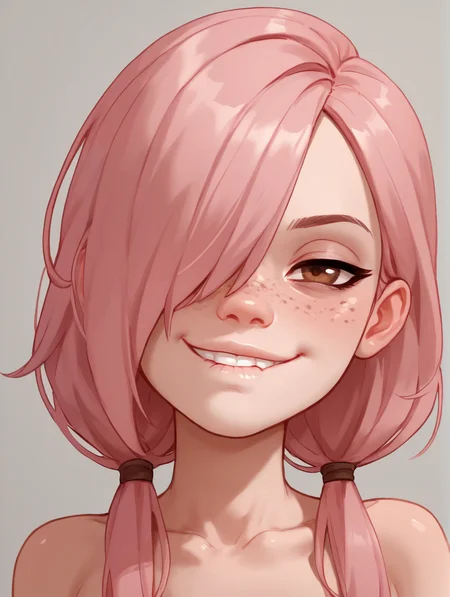 score_9,score_8_up,score_7_up,score_6_up,score_5_up,score_4_up,
1girl, solo, lilandavastyle, slender, pink hair, [freckles], hair over eyes, brown eyes, half closed eyes, looking at viewer, smirk, low pigtails, biting lip,
 <lora:Expressive_H:1>
 <lora:1StS_PonyXL_Detail_Slider_v1.4_iteration_3:1>
 <lora:Lilandava_PDXL:0.9>
 <lora:age_slider_v4:-2>