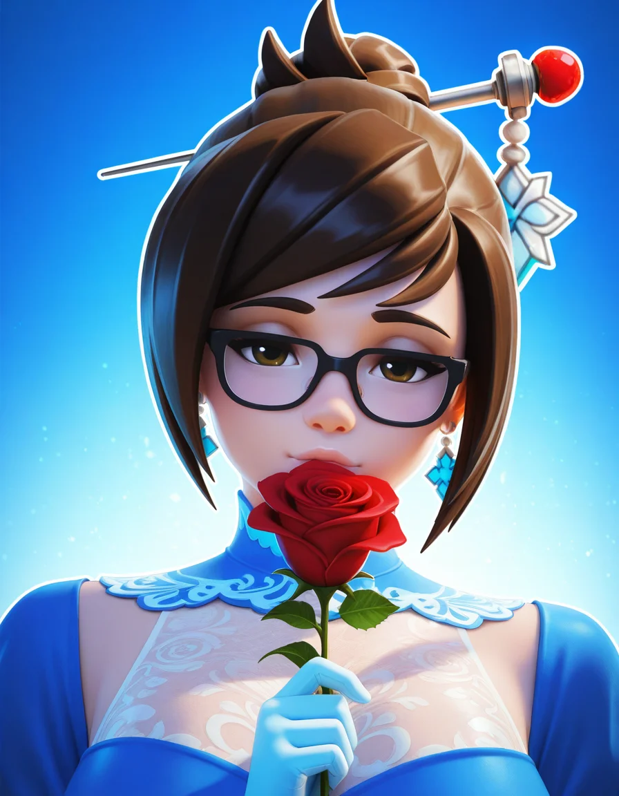 (masterpiece, best quality, ultra-detailed, absurdres, newest, detailed textures, correct anatomy, very aesthetic:1), 1girl, looking at viewer, earrings, fashionable dress, (holding the stem of a big rose), sniffing rose, brings a rose to her face, half-closed eyes, close up portrait, cinematic composition, blue theme, intricate, elegant, highly detailed, symmetry, magical atmosphere, sharp focus, majestic, very coherent, radiant, advanced, cinematic, artistic, fine detail, winning, beautiful, stunning, dramatic light, designed, rich deep colors, perfect professional background, ambient, tailored set composition , mei \(overwatch\), <lora:FugtrupMei:1>, fugm3i, 3d, mei_overwatch, hair ornament, glasses, brown hair, brown eyes, single hair bun, black-framed eyewear , <lora:nrtbomb-IL:1>, nrtbomb artstyle, by nrtbomb