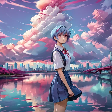 <lora:Aesthetics_Enhancer_pony:0.8>,score_9, score_8_up, score_7_up,BREAK
EnhanceImage,magenta tone, 1girl, solo, short hair, tokyo-3 middle school uniform, school uniform, red eyes, ribbon, sky, cloud, neck ribbon, water, skirt, blue hair, outdoors, shirt, looking at viewer, suspender skirt, standing, red ribbon