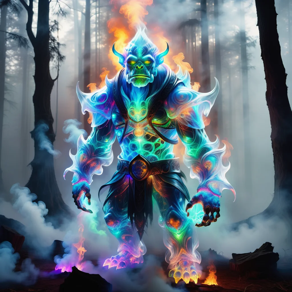hyper detailed masterpiece, dynamic, awesome quality,DonMSp3ctr4lXL,transluscent orc, formless mist like creature, made of smoke and vapor, transluscent, transparent, uncorporeal, humanoid shape in the smoke, glowing radiant presence, mystical ephemeral appearance,fog, serene or tranquil aura, depth,echoing <lora:DonMSp3ctr4lXL:1>