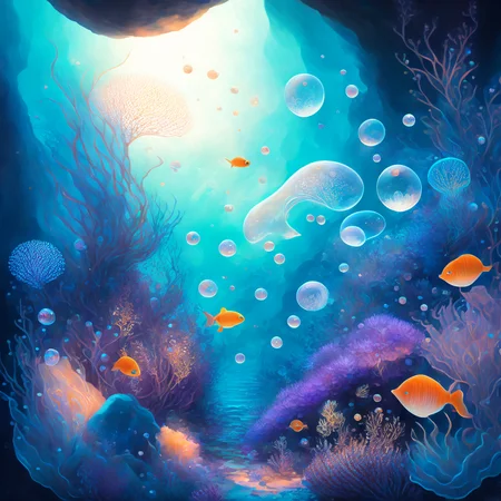(oceanicrealms style:1) a painting of an underwater scene with bubbles and plants <lora:djzOceanicRealmsV21_LoraBooth:1>d