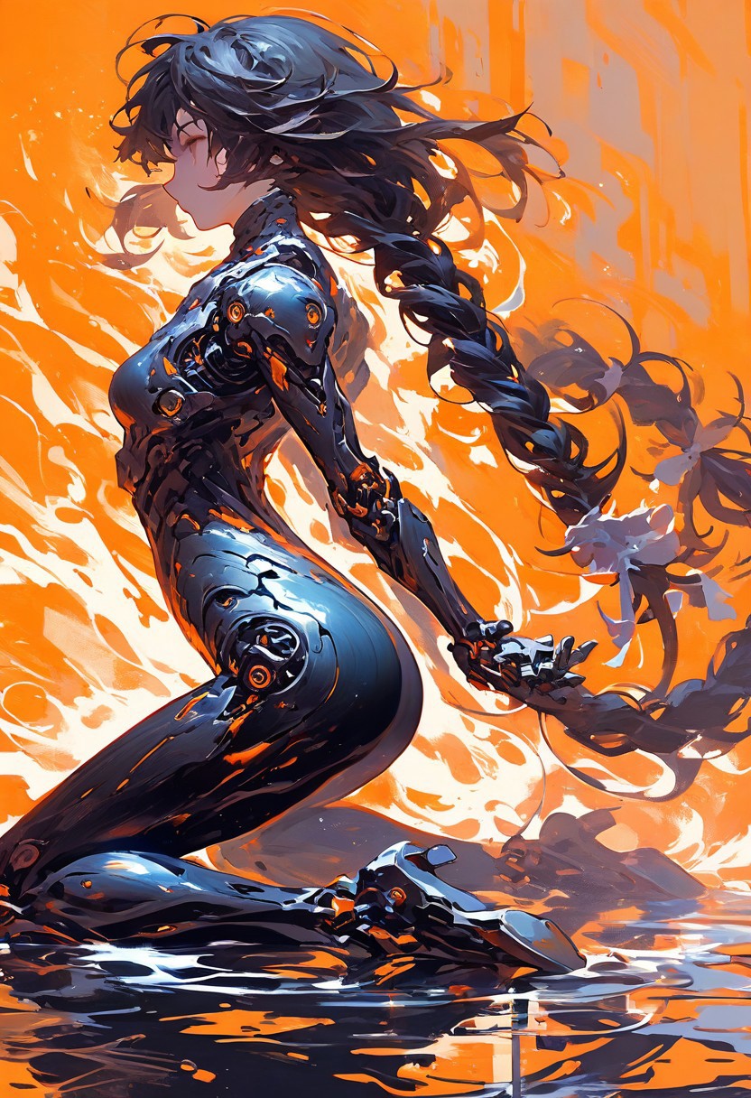 score_9, score_8_up, score_7_up, 1girl, solo, ass, side view, brown hair, black hair, twin tails, long hair, braided hair, metallic accents, futuristic outfit, high contrast, orange background, reflective surface, kneeling, intricate design, highly detailed, seductive, alluring pose, fantasy, dramatic lig