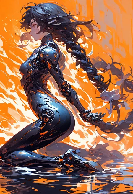 score_9, score_8_up, score_7_up, 1girl, solo, ass, side view, brown hair, black hair, twin tails, long hair, braided hair, metallic accents, futuristic outfit, high contrast, orange background, reflective surface, kneeling, intricate design, highly detailed, seductive, alluring pose, fantasy, dramatic lig