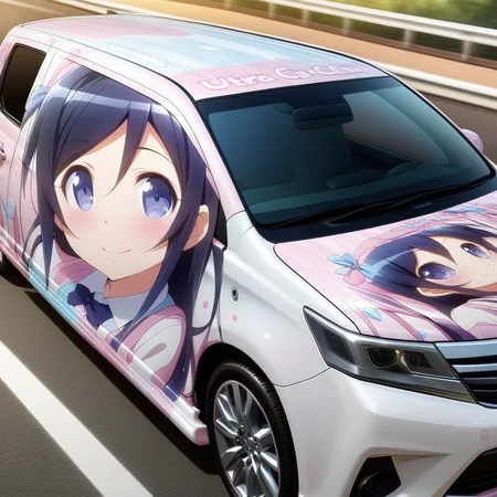aragaki ayase,smile,vehicle focus, from side(lapping car,print car,painted car style),masterpiece,best quality, very aesthetic, absurdres, ultra detailed <lora:Ayase_Aragaki_-_Oreimo:0.7> <lora:lappingcar:1>