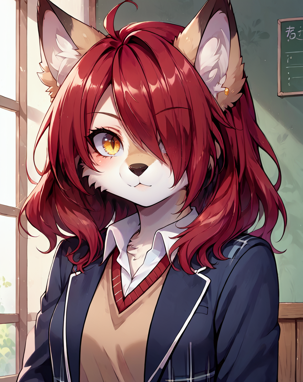score 9, score 8 up, 1girl, masterpiece, <lora:MegaFluffyPony:1> megafluffypony, fluffy,  furry,  <lora:Rindou_Kobayashi_Food_Wars_Pony_XL:0.8> kobayashi_rindou, red_hair, ((hair_over_one_eye)), slit_pupils, yellow_eyes, school_uniform, blue_jacket, sweater, plaid_skirt