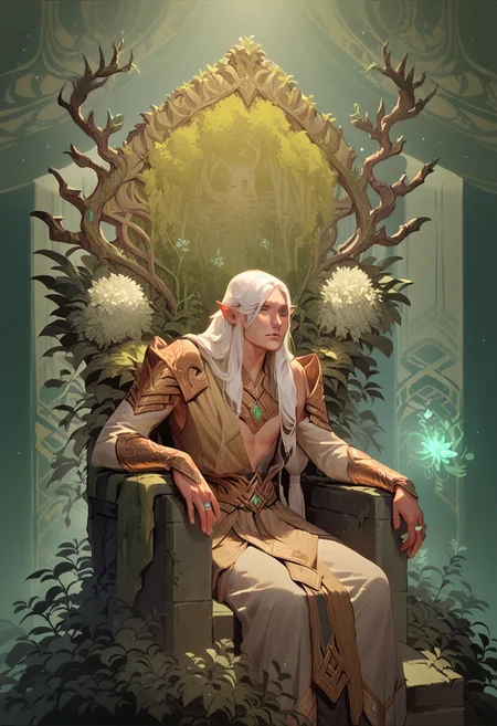 score_9, score_8_up, score_7_up, score_6_up, score_5_up male, oberron, pale skin, white hair, long hair, pointy ears, elf, clothes in white gold robe, green magic, sitting on the throne, flowers, abstract, thing