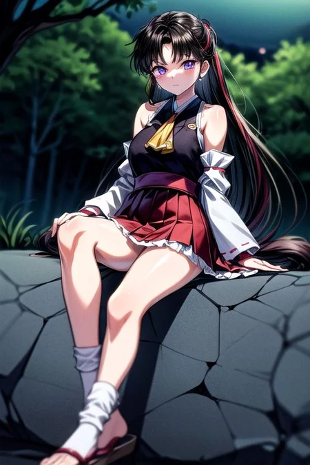 masterpiece, best quality 1girl Setsun4 solo long hair, (night time) forest background black hair very long hair purple eyes multicolored hair armor (fur trim) (medium body),<lora:EMS-179-EMS:0.800000>,<lora:EMS-293862-EMS:0.800000>ascot, bare shoulders, black footwear, detached sleeves, embellished costume, frills, japanese clothes, nontraditional miko, red skirt, sandals, sarashi, skirt, socks, white sleeves, white socks, wide sleeves, yellow ascot, zouri, armor, miko