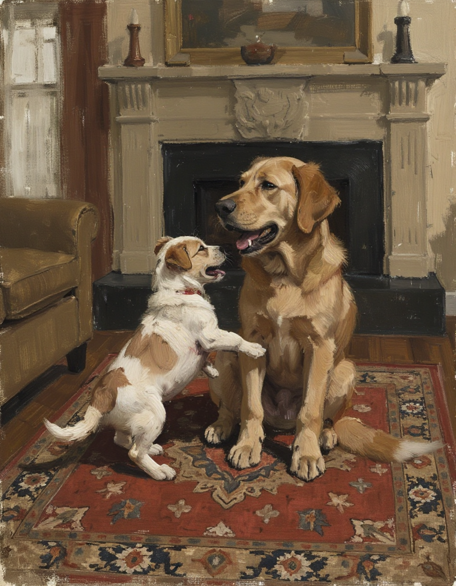 painting sketch portrait of a small puppy annoying its big momma dog jumping and barking in a cozy living room with ornate persian rug