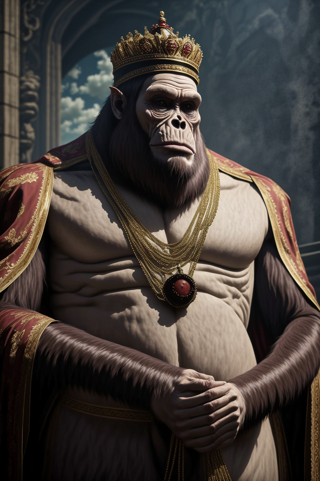 <lora:LCM_LoRA_Weights_SD15:1>  <lora:yomama_royal_animals-10:0.8>yomama_royal_animals,  ape in royal clothing, necklace, royal clothes, cape, crown, staff   <lora:BeastTitan:0.8> beast titan