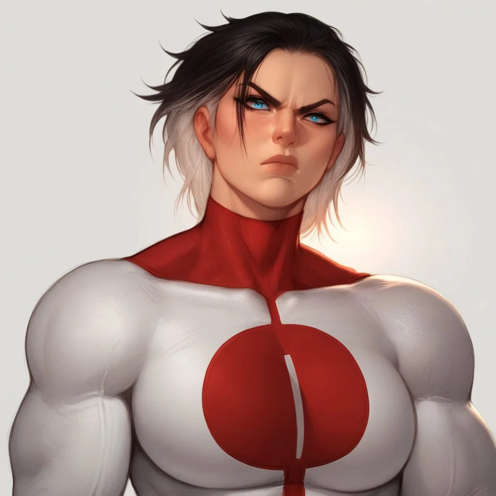 score_9, score_8_up, score_7_up, score_6_up, score_5_up, score_4_up, Expressiveh, 1 girl, solo, flat lighting, intricate details, rating_adult, Expressiveh, WJS07style. Nora, blue eyes, Omni_suit, Multicolored hair, black hair, white hair, muscular female, beautiful woman, shiny look. stern face, angry, face focus, close up of face. solo.