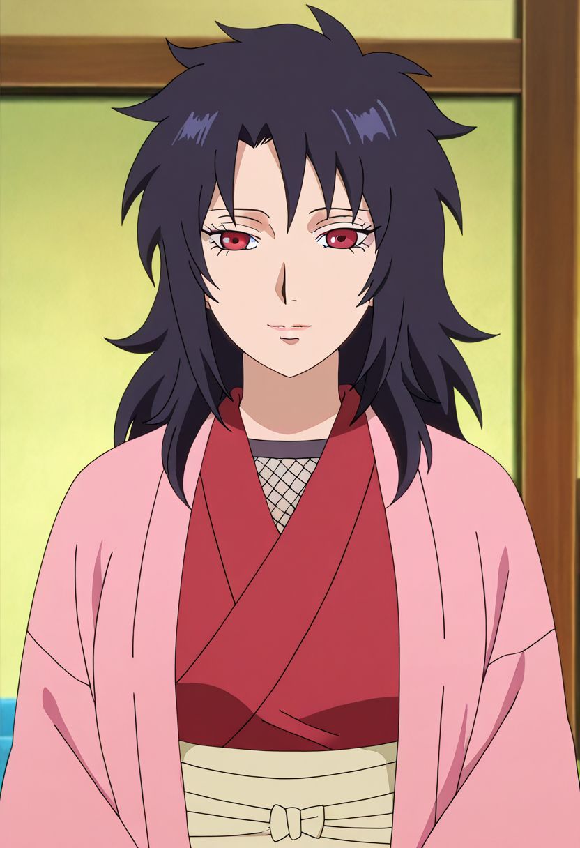 <lora:yuuhi_kurenai_v1b_pny:1> yuuhi_kurenai, 1girl, black hair, long hair, red eyes, japanese clothes, red kimono, pink haori, beige obi, fishnet top, mature female, source_anime, anime screencap