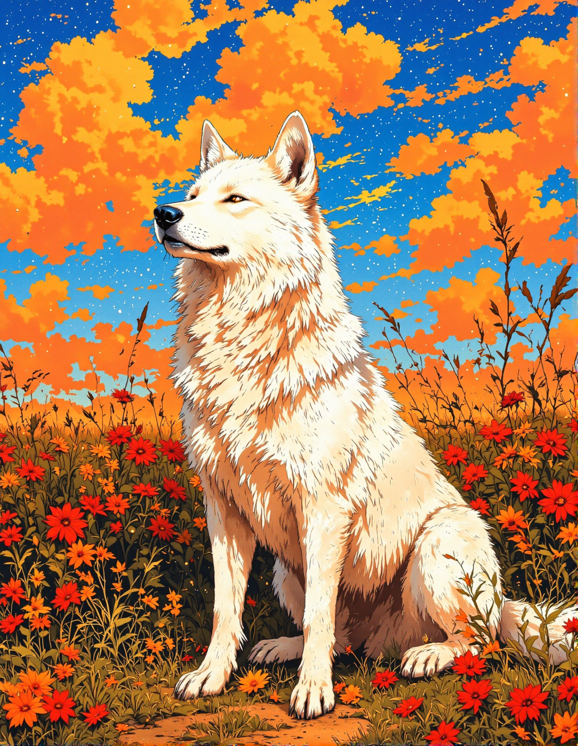a white wolf sitting in tall grass. The wolf has its head tilted back and its eyes are closed. The background is a mix of orange and blue colors. There are red and orange colors in the grass in the foreground. The image is painted in a loose, textured style with visible brushstrokes, <lora:FantasyWizardWitchesFluxV2-000001:0.8>, <lora:Vibrantly_sharp_style_v.2:0.7>, <lora:FluxProUltraFantasia:0.6>, <lora:RetroAnimeFluxV1:0.3>, <lora:FluxMythR3alisticF:0.5>, <lora:Cozy_Paradise:0.9>