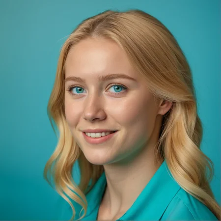 RAW photograph, Danish woman, 25 years old, golden blonde hair, aqua eyes,  medium close-up shot,  profile shot, joyful expression, neutral uniform photostudio background, highly detailed, professional, soft volumetric lighting,  photographed on a Canon EOS R5, 50mm lens, F/2.8, HDR, 8k resolution, highres, high detail,