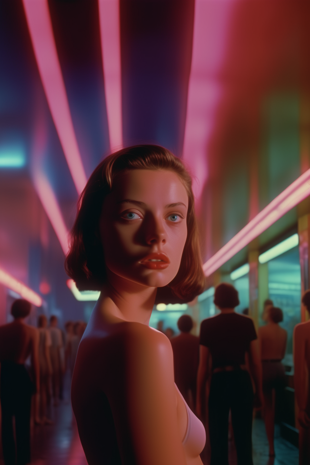 <lora:Director Lars von Trier style:1>Director Lars von Trier style - ull body distance shot Detailed and realistic movie still at a cinema, full of people, shot from the outside wide angle, full of people and neon lights, summer 1999, cinestill 800t, on film 35mm, very detailed face, body full body, colored photo, cinematic lighting, photo realism, 24mm lens, ultra-detailed, Kodachrome 25, 8k resolution