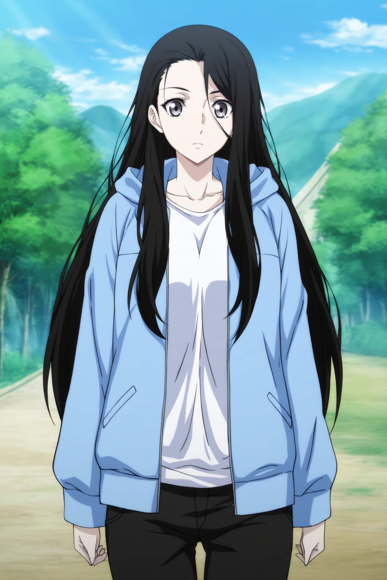 anime screencap,anime coloring,detailed face,masterpiece,best quality,very aesthetic,absurdres,volumetric lighting,official style,amazing quality,ultra detailed,highres,scenery,beautiful detailed hair,beautiful detailed eyes,official anime artwork,<lora:FengBaoBao S2-IL V1:1>,Feng Bao Bao,1girl,solo,long hair,black hair,grey eyes,outdoors,looking at viewer,standing,FengBaoBao Casual Outfit,bule jacket,hood,white shirt,pocket,black pants,open jacket,