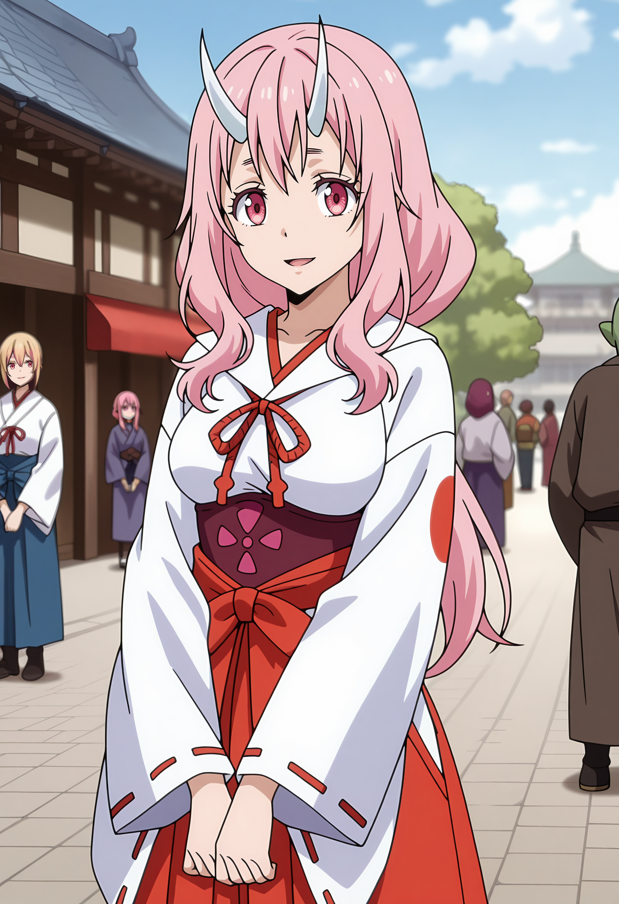 anime screencap, masterpiece, best quality,
<lora:TenSura_Shuna_IlluXL:0.9>,
1girl, solo, open mouth, light smile,
long hair, pink hair, pink eyes, white horns,
miko, white kimono, red ribbon, ribbon-trimmed sleeves, underbust, red hakama, 
v arms, looking at viewer, cowboy shot,
east asian architecture, city, street, medieval, people, orc, outdoors, blue sky, solo focus, blurry background