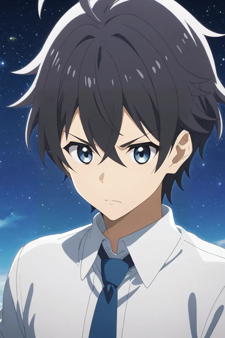 score_9, score_8_up, score_7_up, source_anime, rating_safe, , anime screencap, , official style, , , 1boy, solo, male focus, <lora:yuuki_princess_connect_pony:0.78>, yuuki_princess_connect, black hair, blue eyes, short hair, hair between eyes, bangs, antenna hair, ahoge, symmetry, space, stars, day, sunny, arm support, angry, dress shirt,, <lora:sdxl_lightning_8step_lora:1>