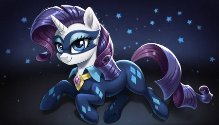 score_9,score_8_up,score_7_up,score_6_up,score_5_up,score_4_up,my little pony,((feral pony)),1girl,((solo)),(sexy),beautifully detailed,(detailed cute pony face),((detailed blue starry background:1.5)),((woman)),high angle,(cute smile:1),((up-close)) 1girl,((solo)),(sexy),full body,<lora:radiance:1.0>,blue suit with blue and purple stones, blue collar, eye mask, tail and mane decorated with purple stones,Rarity,
<lora:OtherStyle_01:1>,<lora:Wholesome_MLP-v1.0:1>,