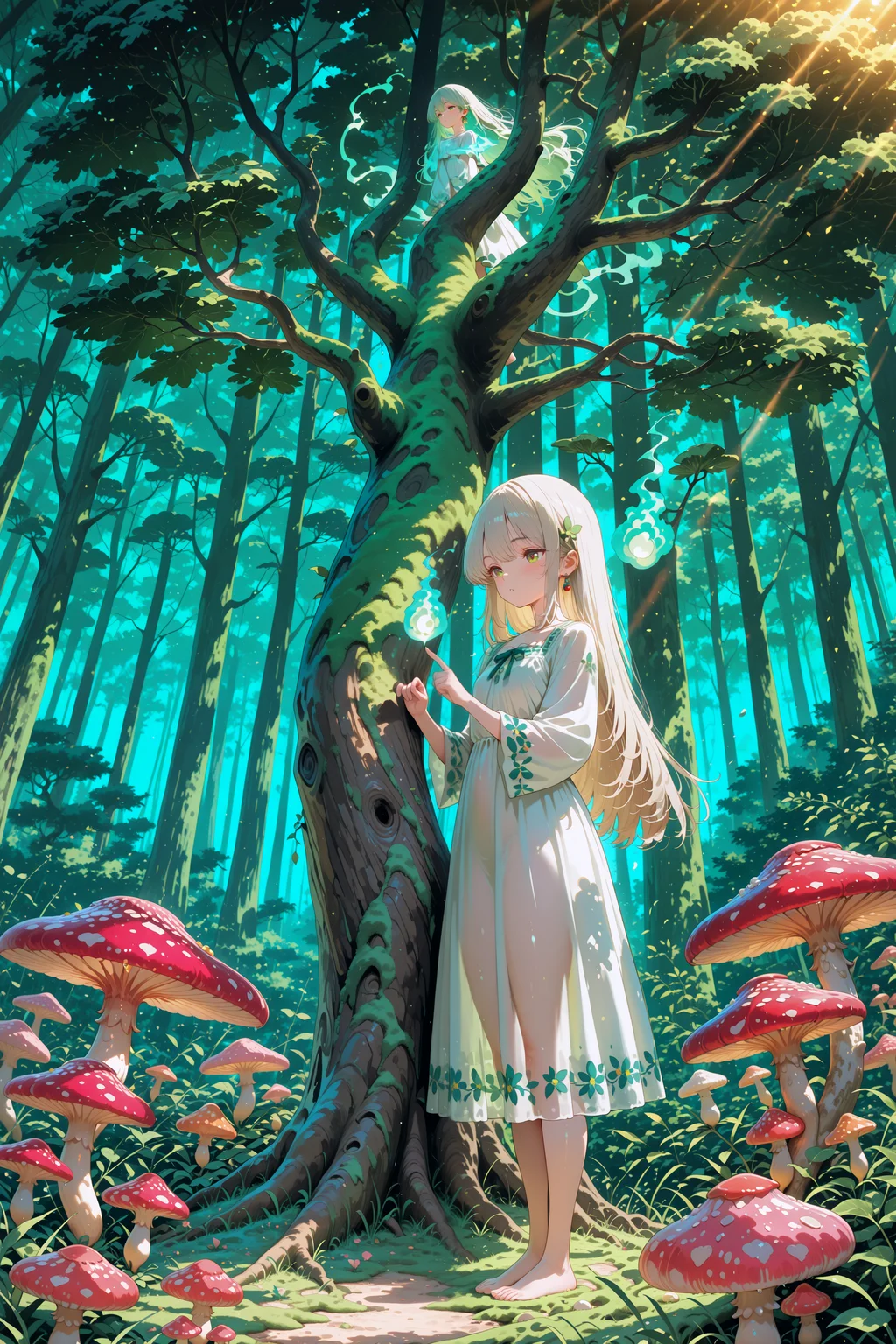 , masterpiece, best quality, highres, absurdres, anime style inspired by Studio Ghibli, enchanting, whimsical, a young girl with a curious and gentle expression, wearing a simple, practical dress, standing barefoot in a sun-dappled ancient forest clearing, she is surrounded by numerous small, cute, and curious forest spirits (kodama-like), some are translucent and bobble-headed, others are small creatures made of moss and leaves, peeking from behind giant gnarled tree roots and oversized mushrooms, the girl has her hand gently outstretched, and one tiny, glowing spirit is cautiously touching her finger, the forest is lush and green, covered in moss, with vibrant flora, magical sunbeams ("god rays") filtering through the dense canopy, creating a safe and wondrous atmosphere, soft, warm lighting, heartwarming and magical mood, 4ur4_illu,shiny