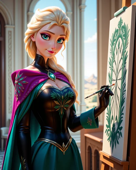 -looking at viewer, outdoors daylight, a 20 year old adult mature woman.
PhotoRealistic Style,  front view photo of.
<lora:Frozen_-_Elsa_v2_000030:1> f-elsa, blue eyes, blonde hairdark teal off-shoulder gown with black bodice, embroidered with green and magenta floral patterns, purple cape, black gloves
A woman stands in front of a large easel in a bright studio, her brush strokes bold and sweeping as she brings color and life to the blank canvas in front of her.