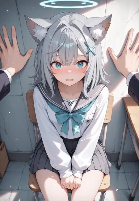0010011_illu, masterpiece, best quality, very aesthetic, 1girl, shiroko sunaookami, small breasts, animal ears, blue eyes, grey hair, hair ornament, hairpin, halo, medium hair, pleated skirt, white shirt, school uniform, looking at viewer, shocked, slight blush, embarrassed, povkabedon, 1girl, solo focus, female sitting on chair,
