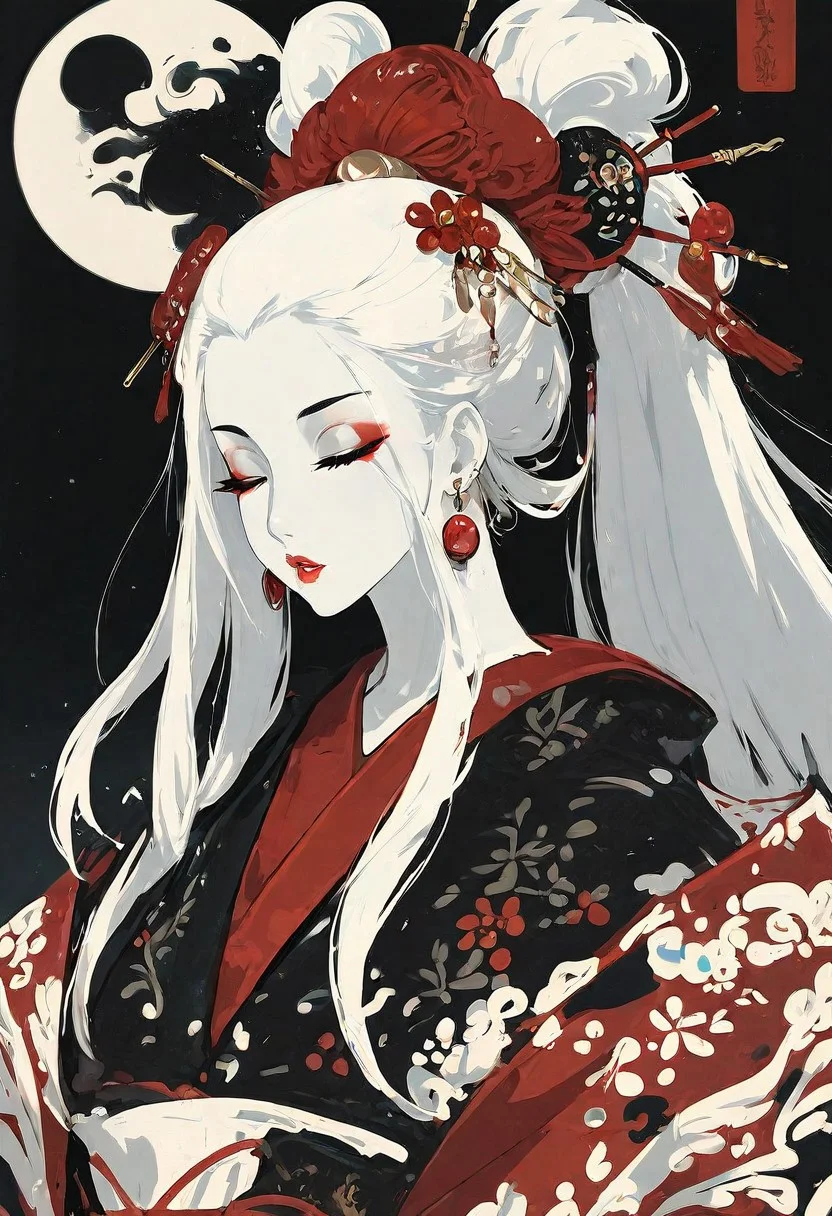 masterpiece, best quality, amazing quality, 1girl, solo, long hair, hair ornament, upper body, closed eyes, white hair, ponytail, earrings, parted lips, japanese clothes, kimono, lips, makeup, colored skin, black background, lipstick, pale skin, eyeshadow, eyeliner, red lips, hair stick, circle, Cinematic Lighting, ukiyo-e