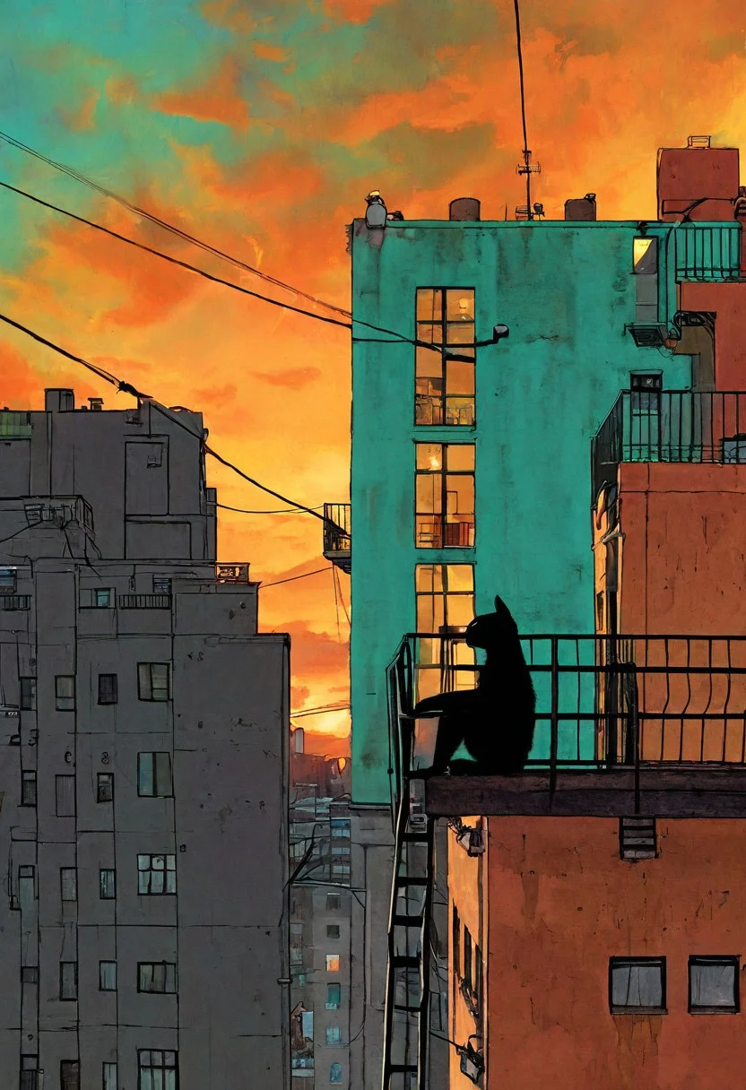 A digital illustration captures a contemplative urban scene at sunset, featuring a young person sitting on a building ledge against a dramatic orange and yellow sky. The central turquoise-colored apartment building shows signs of weathering, complete with metal railings, windows, and a fire escape ladder. A black cat perches on the rooftop railing, while power lines stretch across the warm-hued sky. The composition employs strong contrast between warm and cool tones, with adjacent buildings framing the scene in various shades of turquoise and yellow. Cinematic urban photography with dramatic lighting and strong color contrast.