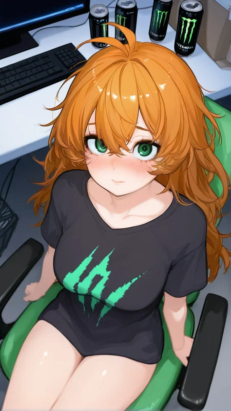 1girl, solo, long_hair, breasts, looking_at_viewer, blush, bangs, shirt, hair_between_eyes, sitting, closed_mouth, green_eyes, collarbone, short_sleeves, thighs, indoors, orange_hair, black_shirt, from_above, chair, antenna_hair, t-shirt, messy_hair, crossed_bangs, can, computer, monitor, keyboard_\(computer\), soda_can, mouse_\(computer\), monster_energy, energy_drink