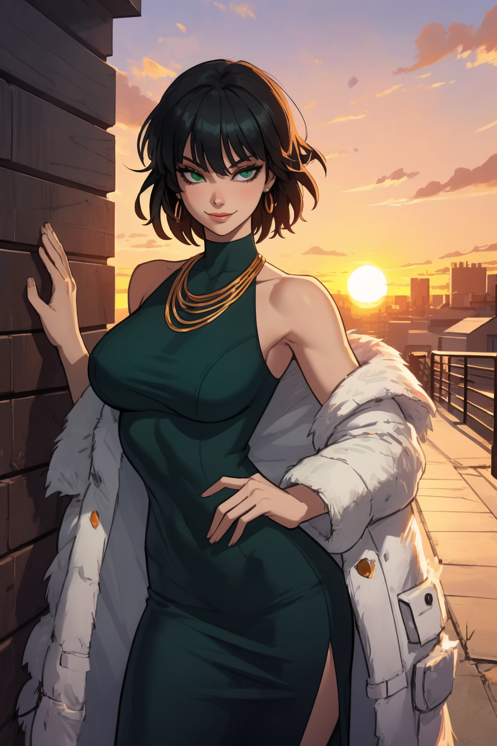 1girl, (solo:1.2), (standing:1.3), (posing for the camera:1.3), (cowboy shot:1.5), smile, happy, at ease, (curvy:1.2), (masterpiece:1.3), (best quality:1.3), (perfect anatomy:1.4), highly detailed, <lora:Maenoo [MockAI - v1.0]:0.8> semi-realistic artstyle, vibrant, soft shading, expressive, <lora:Fubuki [nochekaiser881 - v1.0]:1> fubuki, black hair, green eyes, short hair,, black dress, dress, fur coat, high collar, jewelry, necklace, off shoulder, taut clothes, taut dress, (orange sky:1.2), (cowboy scenery:1.2), (sunset:1.4), outside, summer
