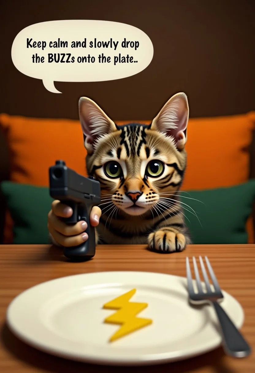 A curious tabby cat peeks over the edge of a wooden table, its head and upper body visible. The cat holding glock gun. The cat has distinct stripes and large, expressive eyes. Text bubble above its head written "Keep calm and slowly drop the BUZZs onto the plate.." In the foreground, a white plate with An object in the shape of yellow lightning icon and a fork are partially visible. The background features cushioned chairs in shades of orange and green, creating a cozy dining atmosphere.