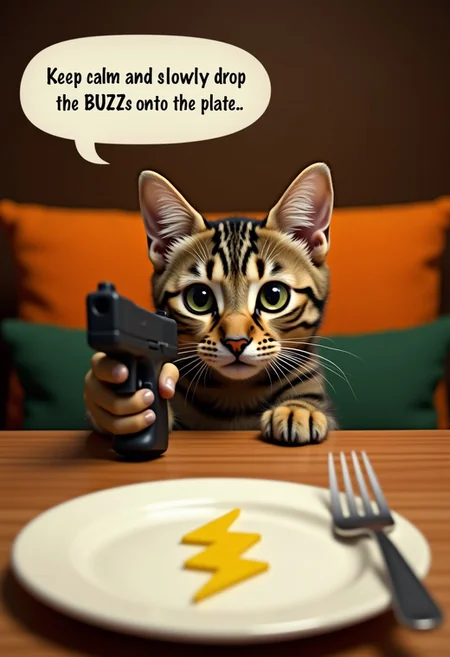A curious tabby cat peeks over the edge of a wooden table, its head and upper body visible. The cat holding glock gun. The cat has distinct stripes and large, expressive eyes. Text bubble above its head written "Keep calm and slowly drop the BUZZs onto the plate.." In the foreground, a white plate with An object in the shape of yellow lightning icon and a fork are partially visible. The background features cushioned chairs in shades of orange and green, creating a cozy dining atmosphere.